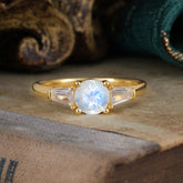 Round Cut Classic Natural Moonstone Engagement Ring Three Stone Wedding Ring