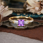 Classic Princess Cut Amethyst Promise Ring Side Stone Bridal Ring