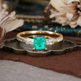 Classic Princess Cut Emerald Promise Ring Side Stone Bridal Ring