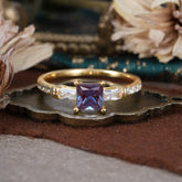 Classic Princess Cut Alexandrite Promise Ring Side Stone Bridal Ring