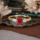 Classic Princess Cut Ruby Promise Ring Side Stone Bridal Ring