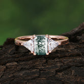 1CT Emerald Cut Moss Agate Three Stone Engagement Ring