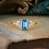 1CT Emerald Cut Aquamarine Three Stone Engagement Ring