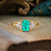 1CT Emerald Cut 4 Prong Emerald Three Stone Engagement Ring