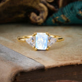 1CT Emerald Cut 4 Prong Moonstone Three Stone Engagement Ring