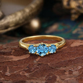 Round Cut 6 Prong Aquamarine Engagement Ring Classic Three Stone Bridal Ring