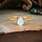Classic Pear Cut Opal Three Stone Promise Ring Four Claw Prong Setting