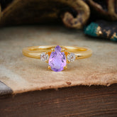 Classic Pear Cut Amethyst Three Stone Promise Ring Four Claw Prong Setting