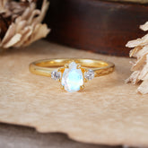 Classic Pear Cut Natural Moonstone Three Stone Promise Ring Four Claw Prong Setting
