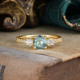 Round Cut Moss Agate Engagement Ring Three Stone Promise Ring Four Claw Prong Setting