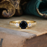 Round Cut 4 Prong Black Onyx Engagement Ring Three Stone Promise Ring Four Claw Prong Setting