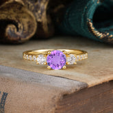 Round Cut 4 Prong Amethyst Engagement Ring Three Stone Promise Ring Four Claw Prong Setting