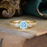 Round Cut 4 Prong Aquamarine Engagement Ring Three Stone Promise Ring Four Claw Prong Setting