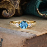 Round Cut 4 Prong Aquamarine Engagement Ring Three Stone Promise Ring Four Claw Prong Setting