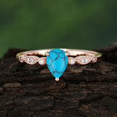 Pear Shaped Vintage Lad Turquoise Engagement Ring Beaded Promise Ring