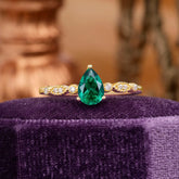 Pear Shaped Vintage Emerald Engagement Ring Beaded Promise Ring