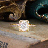 1 Carat Emerald Cut Classic Halo Moissanite Wedding Ring with Pave Band