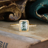 1 Carat Emerald Cut Classic Halo Moss Agate Wedding Ring with Pave Band