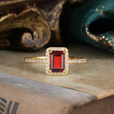 1 Carat Emerald Cut Classic Halo Garnet Wedding Ring with Pave Band