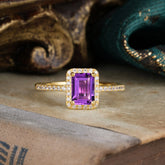 1 Carat Emerald Cut Classic Halo Amethyst Wedding Ring with Pave Band