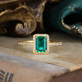 1 Carat Emerald Cut Classic Halo Emerald Wedding Ring with Pave Band