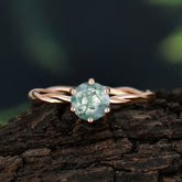 Round Cut Moss Agate Timeless Solitaire Engagement Ring with Twisted Band
