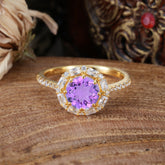 1.5 Carat Round Cut Halo Cluster Amethyst Wedding Ring Pave Flower Promise Ring