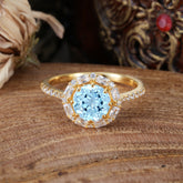 1.5ct Round Wedding Ring 8 Prong Aquamarine Cluster Setting | Pave Flower Promise Ring for Women