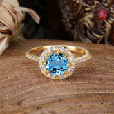 1.5ct Round Wedding Ring 8 Prong Aquamarine Cluster Setting | Pave Flower Promise Ring for Women