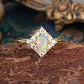 1 Carat Oval Cut Vintage Cluster Opal Engagement Ring