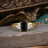 1CT Emerald Cut Black Onyx Classic Side Stone Engagement Ring