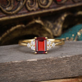 1CT Emerald Cut 4 Prong Garnet Classic Side Stone Engagement Ring