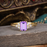 1CT Emerald Cut 4 Prong Amethyst Classic Side Stone Engagement Ring