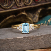 1CT Emerald Cut 4 Prong Aquamarine Classic Side Stone Engagement Ring