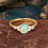 1 Carat 4 Prong Oval Cut Opal Ring Classic Side Stone Engagement Ring