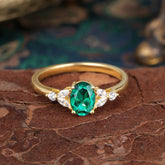 1 Carat Oval Cut 4 Prong Emerald Ring Classic Side Stone Engagement Ring