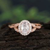 1 Carat Oval Cut Moissanite Halo Ring Anniversary Bead Edge Unique Leaf Ring