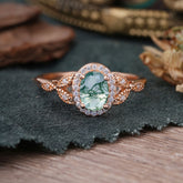 1 Carat Oval Cut Moss Agate Halo Ring Anniversary Bead Edge Unique Leaf Ring