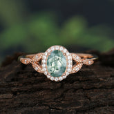 1 Carat Oval Cut Moss Agate Halo Ring Anniversary Bead Edge Unique Leaf Ring