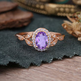 1 Carat Oval Cut Amethyst Halo Ring Anniversary Bead Edge Unique Leaf Ring