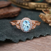 1 Carat Oval Cut Aquamarine Halo Ring Anniversary Bead Edge Unique Leaf Ring