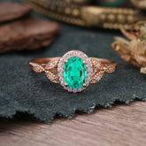 1 Carat Oval Cut Emerald Halo Ring Anniversary Bead Edge Unique Leaf Ring