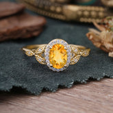 1 Carat Oval Cut Citrine Halo Ring Anniversary Bead Edge Unique Leaf Ring