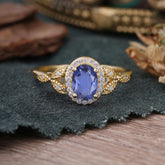 1 Carat Oval Cut Tanzanite Halo Ring Anniversary Bead Edge Unique Leaf Ring