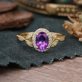 1 Carat Oval Cut Amethyst Halo Ring Anniversary Bead Edge Unique Leaf Ring