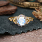1 Carat Oval Cut Moonstone Halo Ring Anniversary Bead Edge Unique Leaf Ring