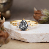 3 Prong Pear Cut Classic Black Rutilated Quartz Engagement Ring with Side Stone
