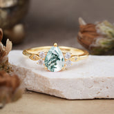 Pear Cut Classic Moss Agate Engagement Ring with Side Stone