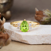3 Prong Pear Cut Classic Lab Grown Peridot Engagement Ring with Side Stone