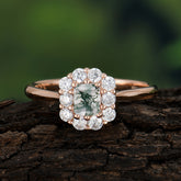Emerald Cut Moss Agate Ring Classic Lab Grown Aquamarine Halo Promise Ring